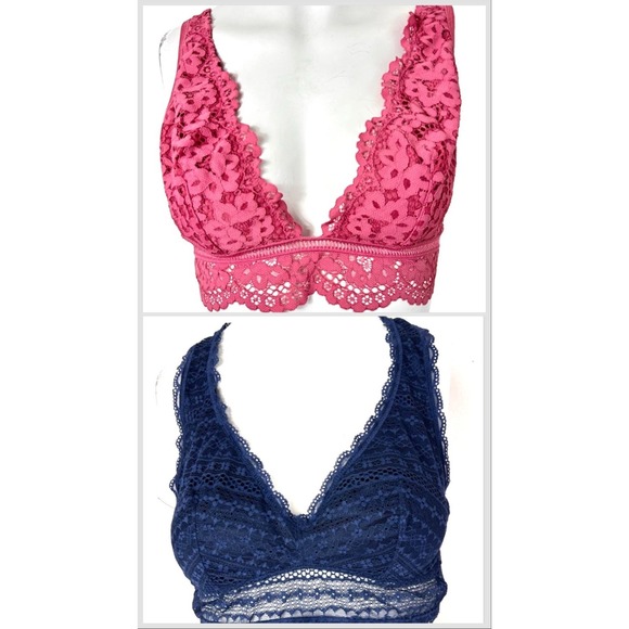 Set of 2 Victorias Secret Stretch Lace Bra Bralette Blue Pink Size Large EUC - Picture 1 of 9